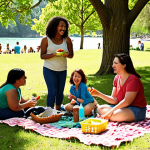 A vibrant, sunny outdoor scene showcasing a diverse group of people (all ages, backgrounds) engaged in a "volunteer picnic" at a clean, green park or a pristine beach. Some individuals are actively picking up litter or planting small trees with cheerful expressions, while others are gathered around a picnic blanket, sharing simple food and laughing. The atmosphere is joyful and collaborative, emphasizing the seamless blend of environmental action, community connection, and leisure. Natural lighting, warm colors, and a sense of shared purpose.