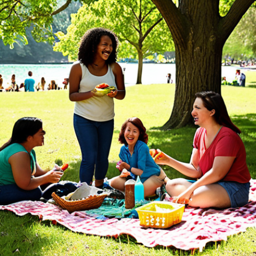 A vibrant, sunny outdoor scene showcasing a diverse group of people (all ages, backgrounds) engaged in a "volunteer picnic" at a clean, green park or a pristine beach. Some individuals are actively picking up litter or planting small trees with cheerful expressions, while others are gathered around a picnic blanket, sharing simple food and laughing. The atmosphere is joyful and collaborative, emphasizing the seamless blend of environmental action, community connection, and leisure. Natural lighting, warm colors, and a sense of shared purpose.