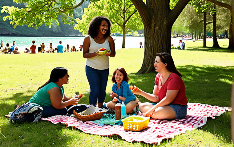 A vibrant, sunny outdoor scene showcasing a diverse group of people (all ages, backgrounds) engaged in a "volunteer picnic" at a clean, green park or a pristine beach. Some individuals are actively picking up litter or planting small trees with cheerful expressions, while others are gathered around a picnic blanket, sharing simple food and laughing. The atmosphere is joyful and collaborative, emphasizing the seamless blend of environmental action, community connection, and leisure. Natural lighting, warm colors, and a sense of shared purpose.
