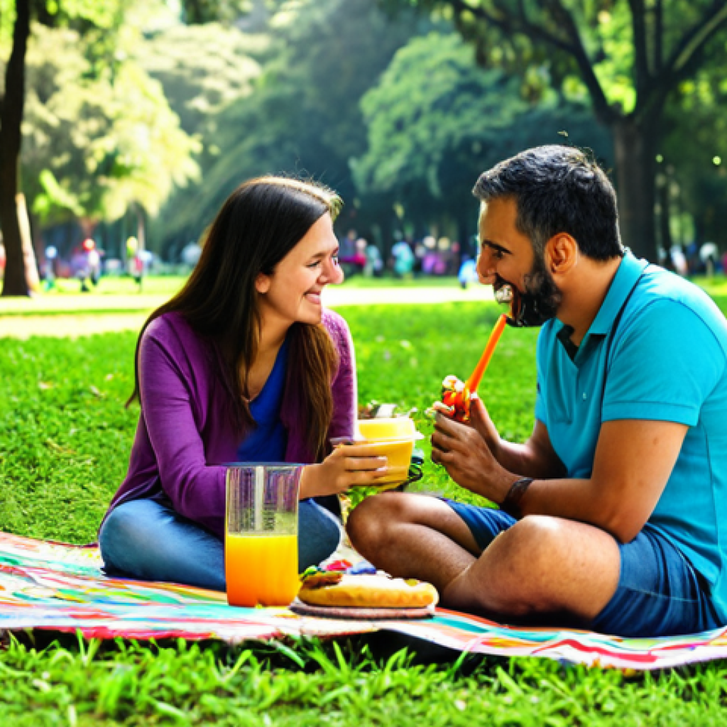 **

A family-friendly picnic scene in Ibirapuera Park, São Paulo. A mother, father, and child are sitting on a colorful, fully clothed, waterproof picnic blanket. They are enjoying sandwiches and juice. The park is lush green with trees in the background. Safe for work, appropriate content, professional photography, perfect anatomy, natural proportions, bright sunlight.

**