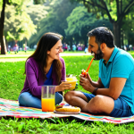 **

A family-friendly picnic scene in Ibirapuera Park, São Paulo. A mother, father, and child are sitting on a colorful, fully clothed, waterproof picnic blanket. They are enjoying sandwiches and juice. The park is lush green with trees in the background. Safe for work, appropriate content, professional photography, perfect anatomy, natural proportions, bright sunlight.

**