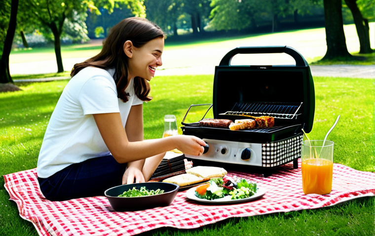 이색피크닉 바베큐 그릴 팁 - **Image Prompt 1: Gourmet Picnic Scene**
    "A beautifully arranged picnic scene in a lush park set...