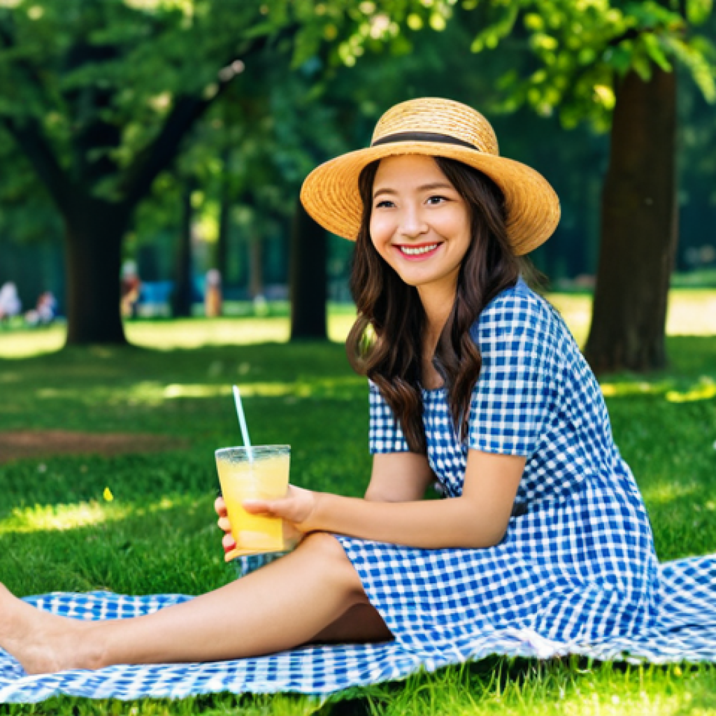 이색피크닉 햇볕 차단 제품 - **

A woman in a floral dress and straw hat with a wide brim sits on a checkered blanket at a picnic...