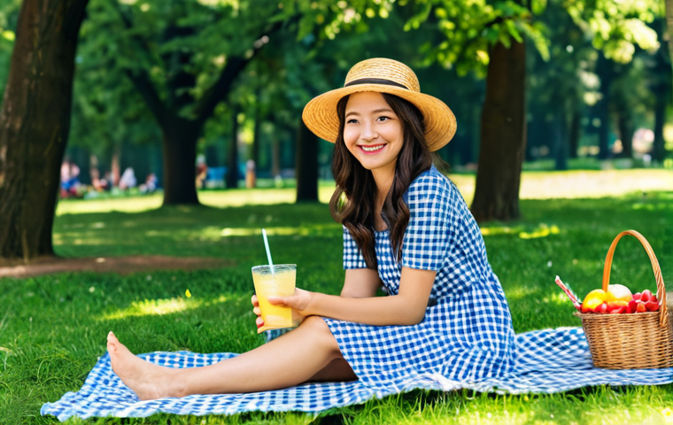 이색피크닉 햇볕 차단 제품 - **

A woman in a floral dress and straw hat with a wide brim sits on a checkered blanket at a picnic...
