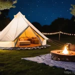 이색피크닉 오버나이트 캠핑 - **Prompt:** A breathtaking cinematic shot of a luxurious night camping picnic under a vast, star-fil...