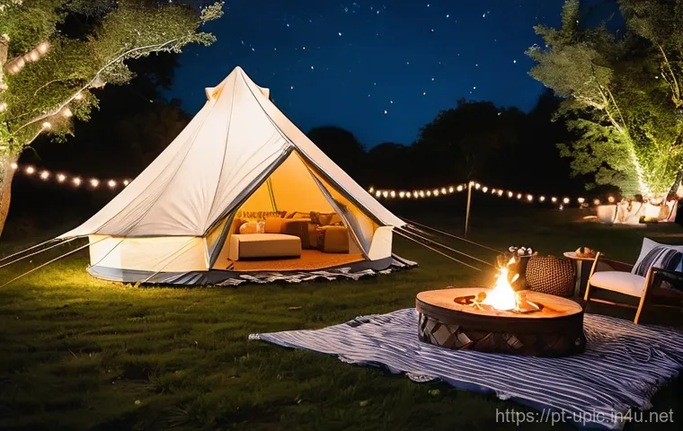 이색피크닉 오버나이트 캠핑 - **Prompt:** A breathtaking cinematic shot of a luxurious night camping picnic under a vast, star-fil...