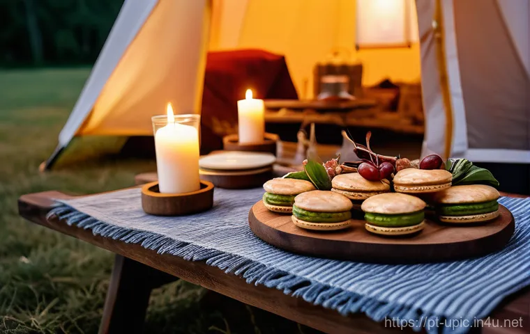 이색피크닉 오버나이트 캠핑 - **Prompt:** A breathtaking cinematic shot of a luxurious night camping picnic under a vast, star-fil...