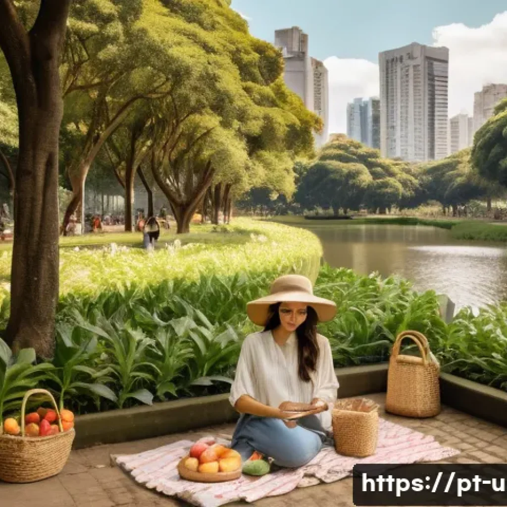 이색피크닉 인스타그램 핫플레이스 - A hidden urban green park in São Paulo, nestled between tall buildings and bustling streets, featuri...