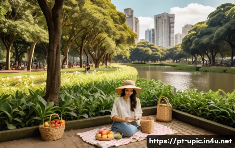 이색피크닉 인스타그램 핫플레이스 - A hidden urban green park in São Paulo, nestled between tall buildings and bustling streets, featuri...