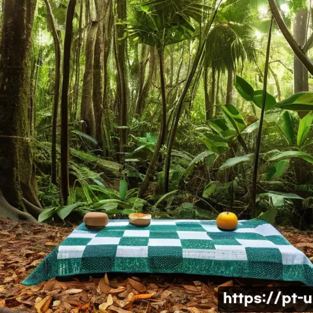 이색피크닉 숲속 소풍 장소 찾기 - A serene hidden picnic spot deep in the Atlantic Forest reserve in Brazil, featuring a forest floor ...