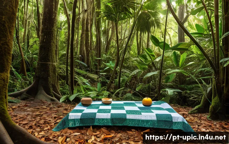 이색피크닉 숲속 소풍 장소 찾기 - A serene hidden picnic spot deep in the Atlantic Forest reserve in Brazil, featuring a forest floor ...