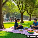 이색피크닉 공원에서 간단한 요리 - A vibrant urban park picnic scene in São Paulo with diverse groups of people enjoying a sunny day on...