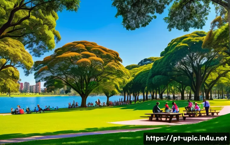 이색피크닉 도심 속 피크닉 공원 - A vibrant urban park scene in S&atilde;o Paulo&rsquo;s Ibirapuera Park during a sunny afternoon, featuring famili...