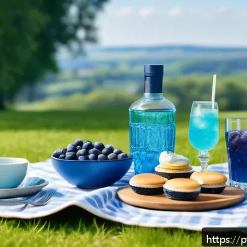 Home 32 이색피크닉 나만의 테마 만들기 - A serene outdoor picnic scene set in a sunny spring park, featuring a monochromatic blue theme. The ...