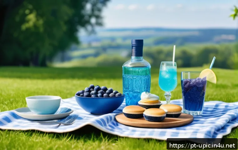 이색피크닉 나만의 테마 만들기 - A serene outdoor picnic scene set in a sunny spring park, featuring a monochromatic blue theme. The ...