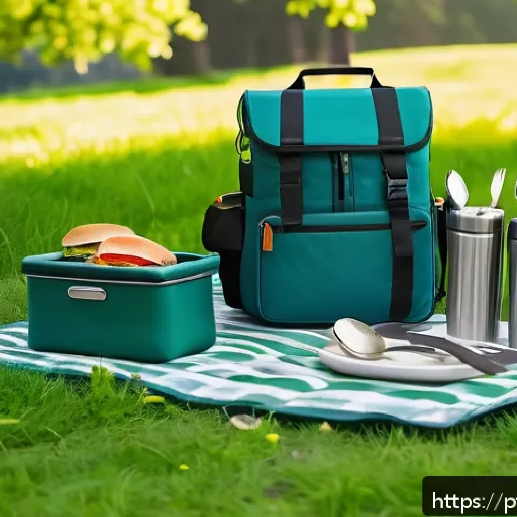 이색피크닉 캠핑용 캠핑기구 소개 - A modern picnic scene set in a lush green park during springtime, featuring a lightweight aluminum a...