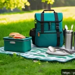 Home 18 이색피크닉 캠핑용 캠핑기구 소개 - A modern picnic scene set in a lush green park during springtime, featuring a lightweight aluminum a...