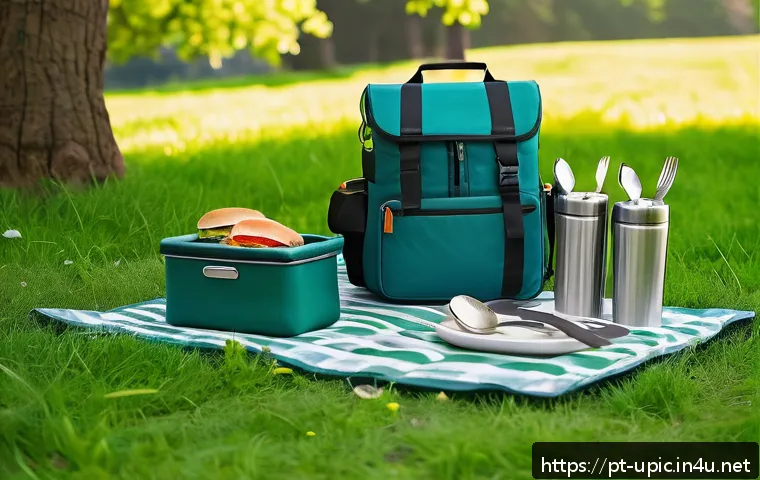 이색피크닉 캠핑용 캠핑기구 소개 - A modern picnic scene set in a lush green park during springtime, featuring a lightweight aluminum a...