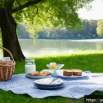 Home 23 이색피크닉 커플 피크닉 아이템 - A romantic picnic scene set in a lush, green park with tall, leafy trees providing natural shade, a ...