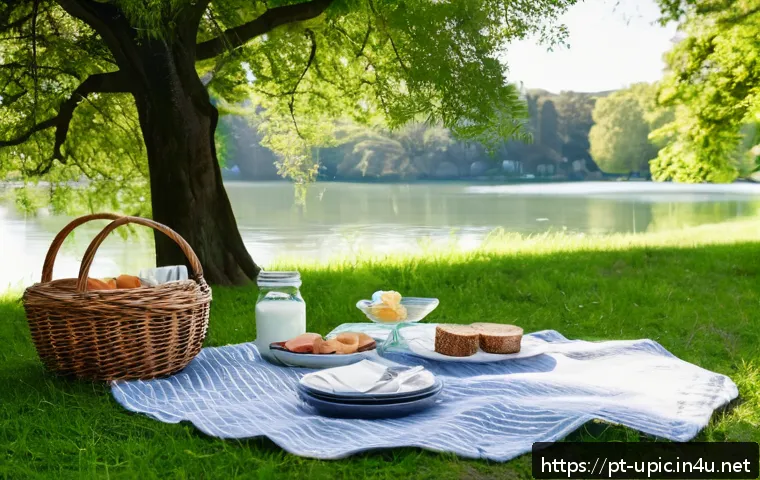 이색피크닉 커플 피크닉 아이템 - A romantic picnic scene set in a lush, green park with tall, leafy trees providing natural shade, a ...