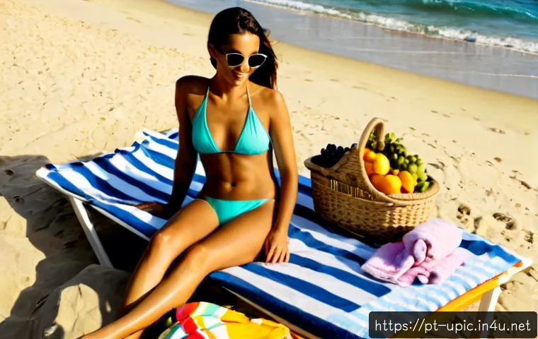 Home 17 이색피크닉 선탠과 함께하는 여름 피크닉 - Photorealistic summer picnic on a quiet Portuguese Atlantic beach, a stylish adult couple relaxing o...